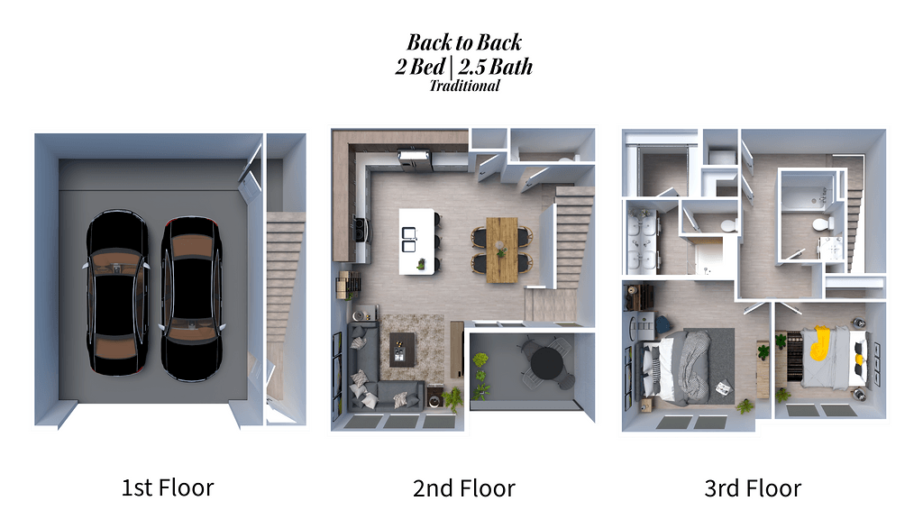 Floor plan for 2 beds, 2.5 baths, 1300 sqft